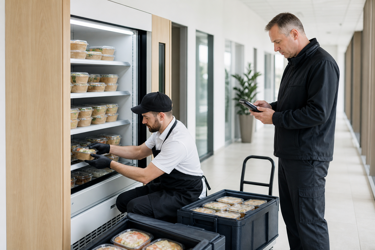Catering uzupełnia lunchomat w biurowcu przed porą lunchu